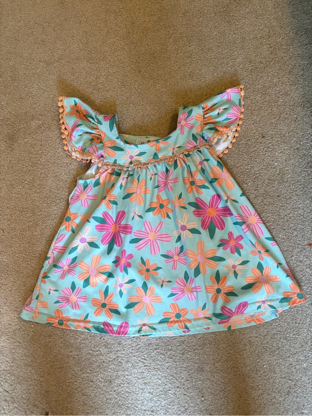 Girls' Floral Aqua Ruffled Casual Dress - Pink & Orange Flowers